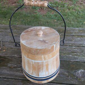 Rustic Wooden Pail with Lid Blue Distressed Paint